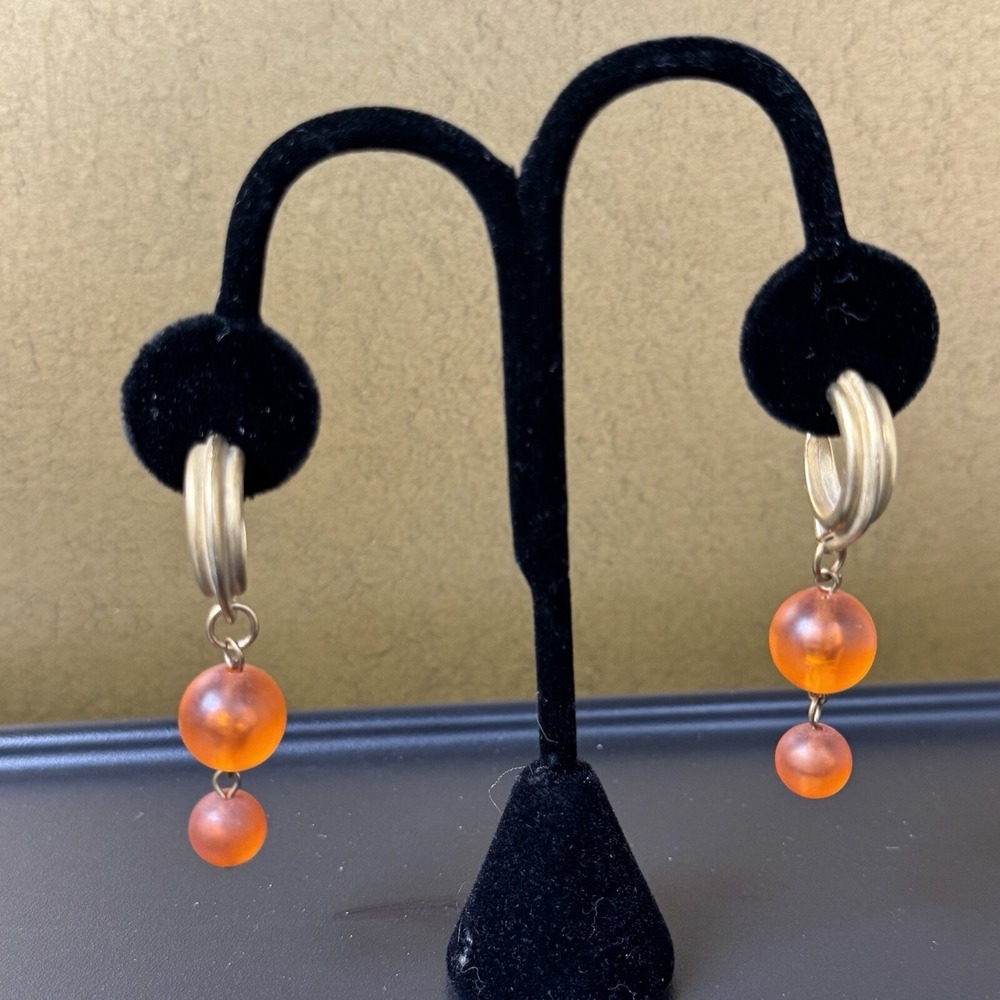 Orange Bead And GoldTone Metal Pierced Post Drop Earrings